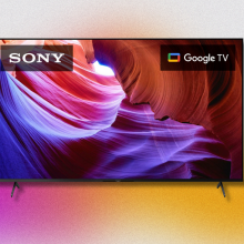 sony tv against a pink, orange, and white background 