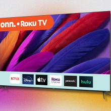 onn roku smart tv against a colorful background