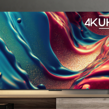 TCL 4K TV with colorful abstract liquid screensaver sitting on TV stand