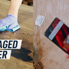 A split screen image shows a hand polishing a newly finished wooden plank (left) and a phone scanning the tag of a log to verify its origin (right)