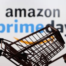 A shopping cart in front of a logo of Amazon Prime Day.