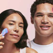 woman and man using solawave bye acne device