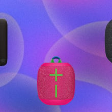 Three speakers on a purple abstract background.