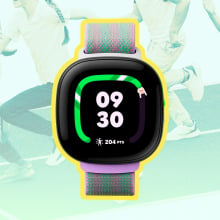 Fitbit Ace LTE kids overlaid on an image of kids running for fun.