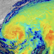 A view of Tropical Storm Debby passing over the Southeastern U.S. on Aug. 5, 2024.