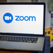 The Zoom Video Communications Inc. logo on a laptop computer