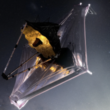 An illustration of the James Webb Space Telescope viewing the cosmos from 1 million miles beyond Earth.