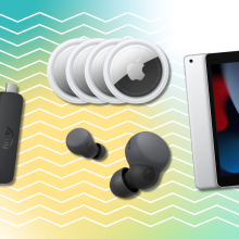 Amazon Fire TV Stick, Apple AirTags, Sony LinkBuds S, and iPad with colorful background