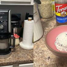 On the left, the Ninja Creami on a counter. On the right, a scoop of ice cream in a bowl.