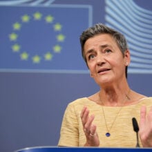 Executive Vice President of the European Commission for A Europe Fit for the Digital Age Margrethe Vestager is talking to media in the Berlaymont