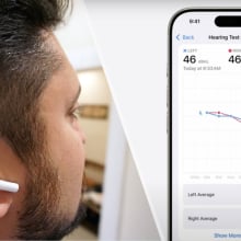 AirPods Pro model with the hearing test UI on an iPhone