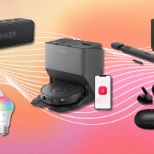 Soundcore speaker, Amazon Echo with Sengled bulb, Roborock vacuum, JBL soundbar, and Beats headphones with pink and orange background