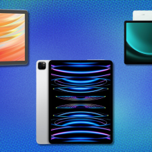 Tablets on light blue pixelated abstract background