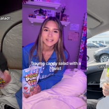 Three images of young women adding candy to salad bowls with the words "trauma candy salad" in text on each image.