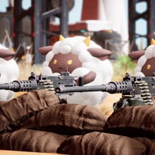 Sheeplike Pals in 'Palworld' wielding guns.