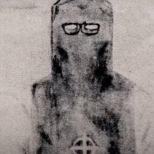 A sketch shows a man wearing a dark hooded outfit.