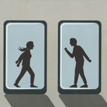 Illustration of two people superimposed on phone screens, and fighting.