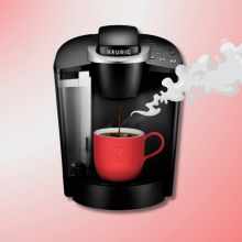 Keurig K-Classic coffee maker with red cup and illustrated steam 