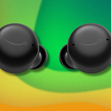 Amazon Echo Buds on green and yellow background