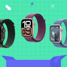 apple watch ultra, apple watch series 10, and apple watch series 9 on a green and blue background