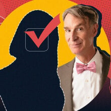 A photo of Bill Nye smiling, surrounded by illustrations of the earth, flames, and a person's silhouette as they take a selfie.