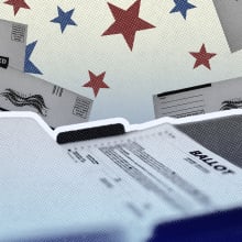 Photos of ballots and a ballot counting machine surrounded by red and blue stars. 