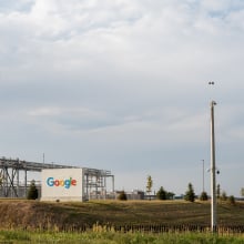 A Google sign outside a Nebraska data center. 