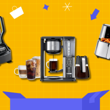 a ninja blender and coffee maker, and a chefman air fryer against a yellow illustrated background with blue open box