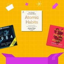 three audible book covers on a yellow background