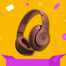 Kim Kardashian x Beats Studio Pro headphones on yellow Prime Day background