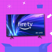 Amazon Fire TV on pink grid background with various shopping-related icons throughout