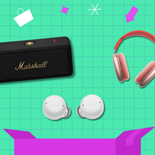 An illustrated background with a Marshall speaker, Anker earbuds, and Apple AirPods Max.