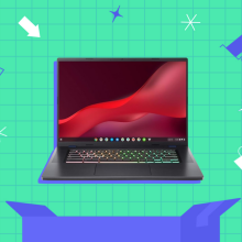 an acer chromebook 516 ge above a blue box against a green grid background surrounded by shopping icons