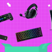 Gaming tech products in front of a purple background