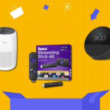 An illustrated background with a Levoit air purifier, Roku streaming stick, and an Amazon Echo Spot.