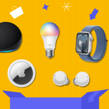 An illustrated graphic with an Apple AirTag, Apple Watch, Echo Dot, Tapo smart lightbulb, Amazon Echo Buds