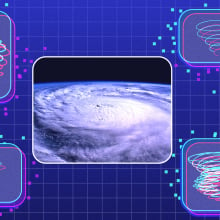 composite image of a satellite image of hurricane milton surrounded by drawings of tornado-like spirals. 