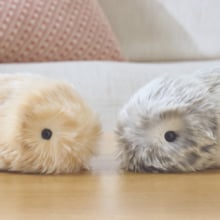 Two fuzzy toy creatures, each limbless with just small black eyes, on a wood table.