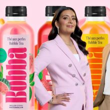 A composite image of Bobba bottles with Dragons' Den investors Manjit Minhas and Simu Liu in front of them. There is also a flamingo wearing sunglasses.