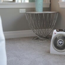 a vornado space heater sits on a carpeted floor in a brightly lit bedroom with natural light