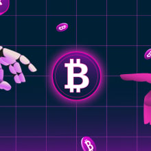 An illustration of a robot arm and human arm reaching out to touch a Bitcoin logo