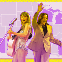 Taylor Swift next to Kamala Harris in front of a map of the US with battleground states highlighted in purple. 