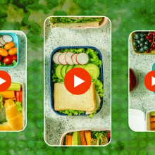 video play signs over food in containers with a green background