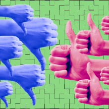 Woman's hand showing 5 red thumbs up and 5 blue thumbs down on illustrated green background