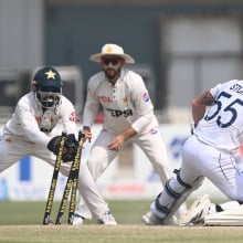 England batsman Ben Stokes looks back to see Mohammad Rizwan stump him