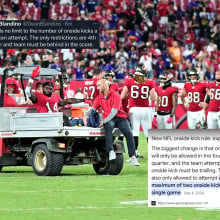 image of chris godwin leaving field on cart with screenshots of tweet and google search about onside kick rules