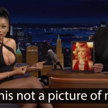 A woman sits on a talk show gesturing towards a photo of another woman. A quote at the bottom reads "Is this not a picture of me?"