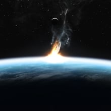 An artist's conception of a large space rock colliding with Earth.