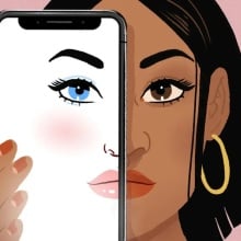 An illustration of a woman holding a phone up to her face. 