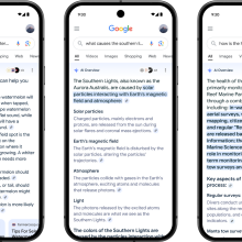 Three smartphones showing Google AI Overview search results.